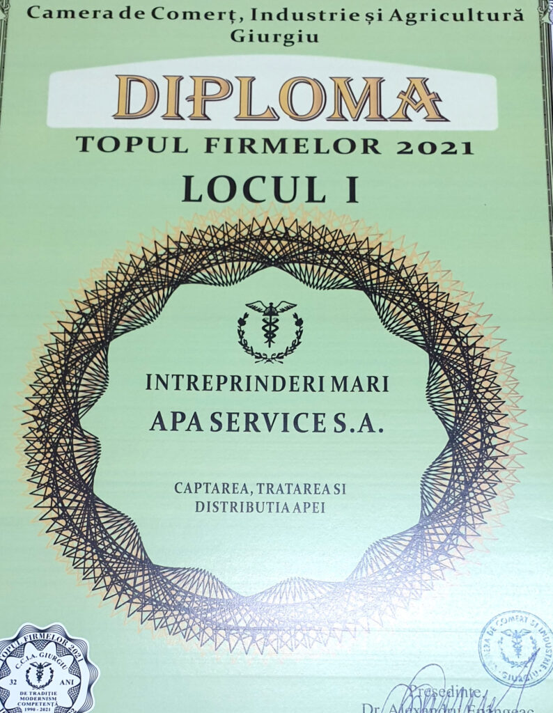 S.C. APA SERVICE S.A. GIURGIU – din nou pe primul loc în Topul Firmelor 2021